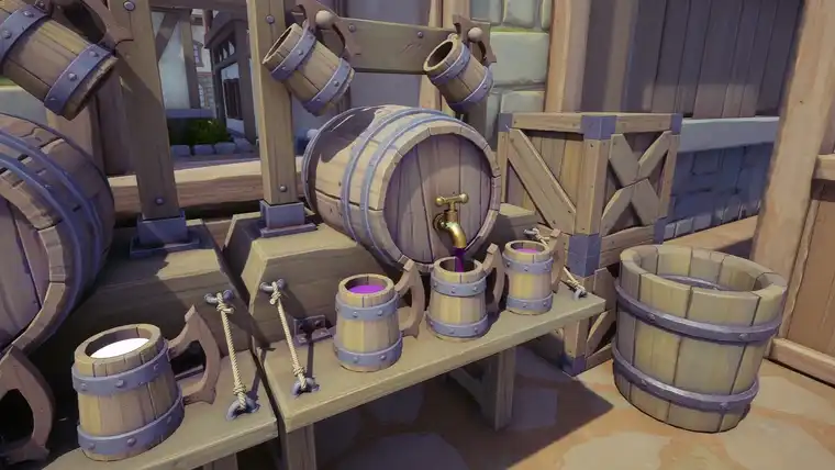A wooden barrel with a brass tap pouring purple liquid into tankards on a market table