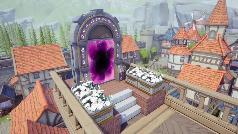 A stone portal arch glowing purple on a rooftop terrace above red-tiled medieval houses