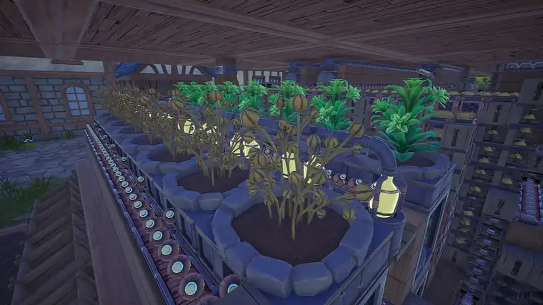 Rows of nursery planters with glowing yellow plants and green herbs on a factory floor, belts of fertiliser beside them