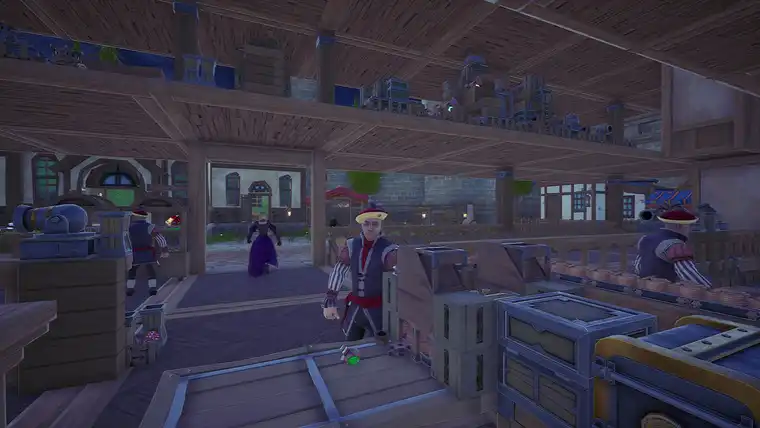 First-person view of a shop counter with a cannon, coin belts and NPC customers in medieval dress walking in