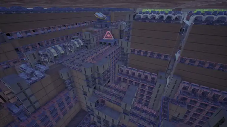 A multi-storey factory interior packed with conveyor belts, grinders and a glowing triangular relic on a pedestal